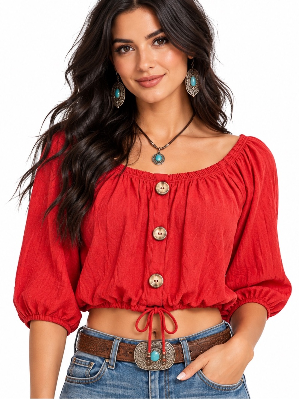 Women's Red Button-Front Peasant Tunic Top Medium
